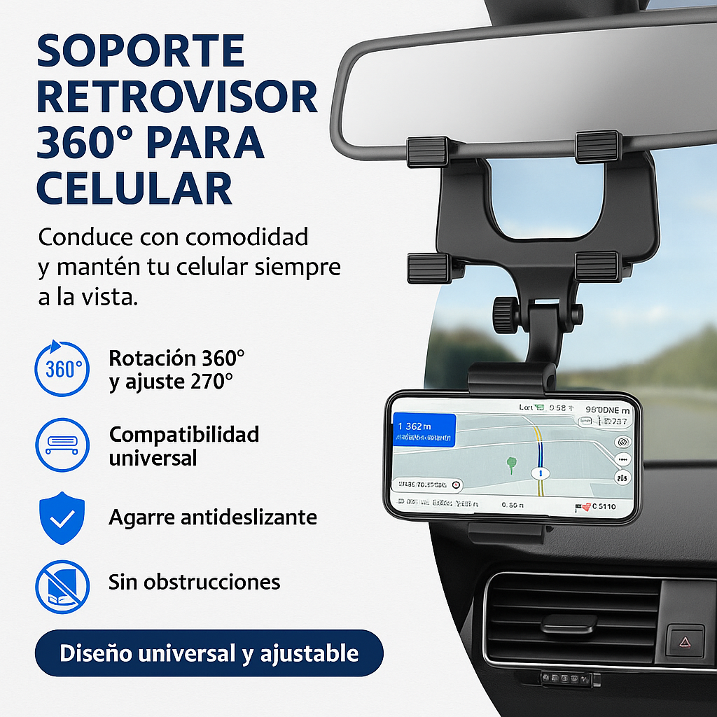 Soporte Retrovisor 360° para Celular – Ajustable, Seguro y Universal