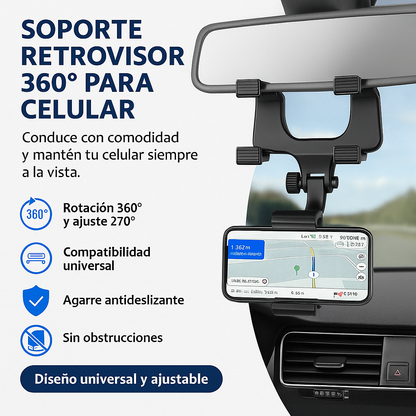 Soporte Retrovisor 360° para Celular – Ajustable, Seguro y Universal
