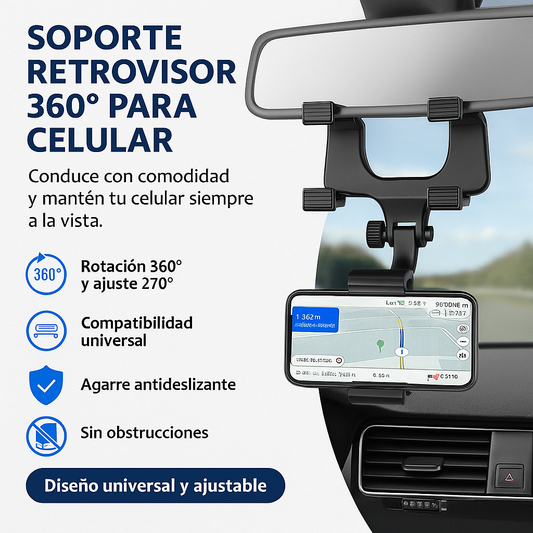 Soporte Retrovisor 360° para Celular – Ajustable, Seguro y Universal